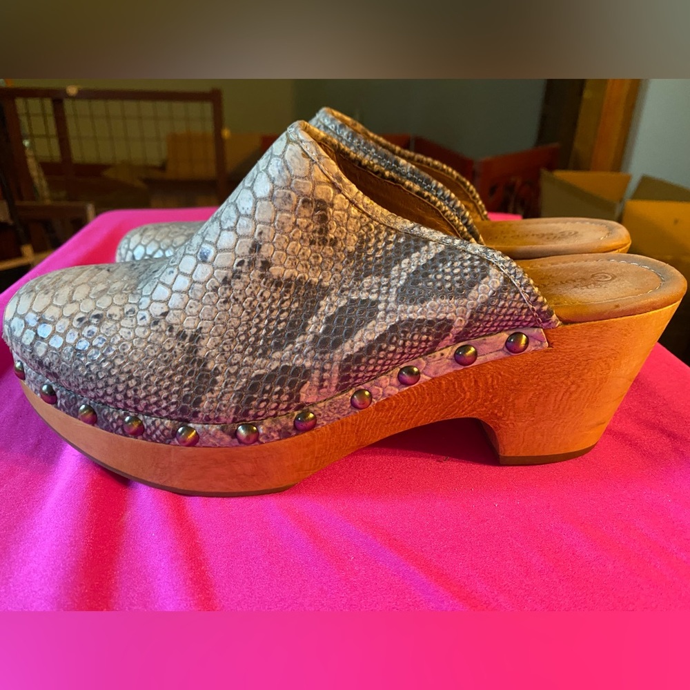 Leather Corso Como Snake Print Mules with Wooden Heel